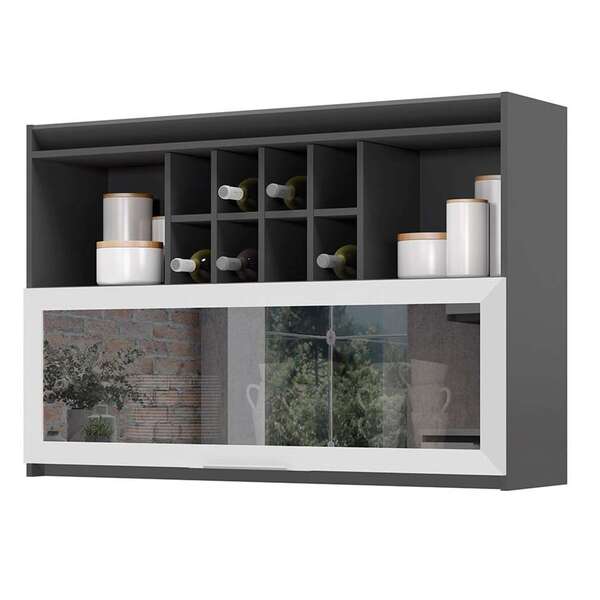 Armário De Cozinha Aéreo Hibisco Com Espelho 1 Pt Grafite E B