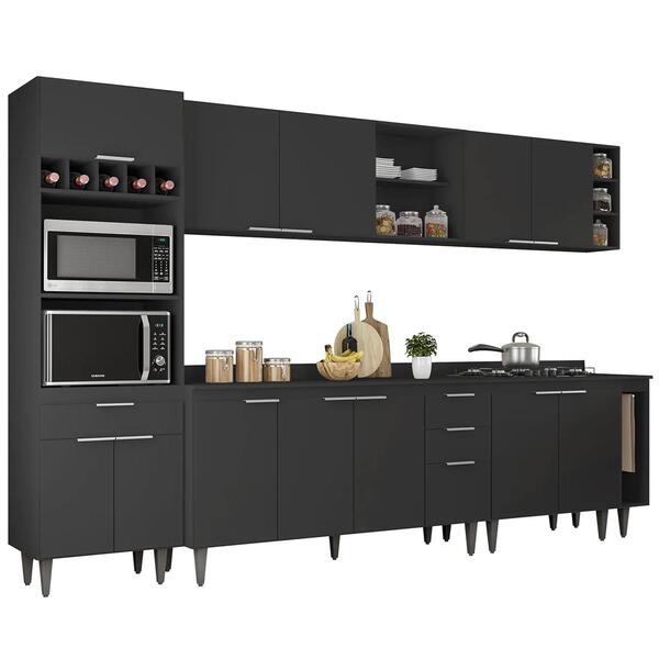 Armário De Cozinha Com Tampo Cp07 310cm Pérola Preto Z34 - Mp