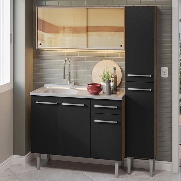 Armário De Cozinha Compacta 137cm Com Pia Rustic/preto Emilly