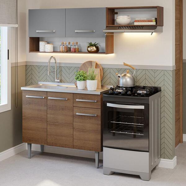 Armário De Cozinha Compacta 165cm Com Pia Rustic/cinza Emilly