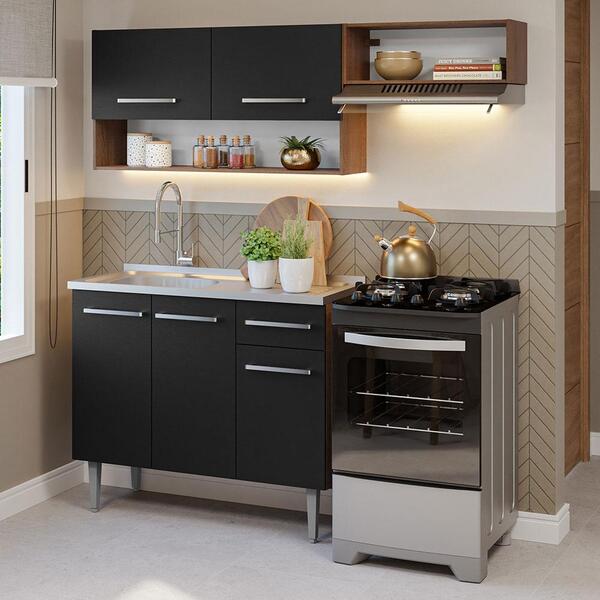 Armário De Cozinha Compacta 165cm Com Pia Rustic/preto Emilly