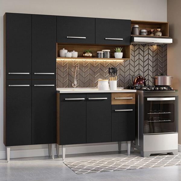 Armário De Cozinha Compacta 229cm Com Pia Rustic/preto Emilly