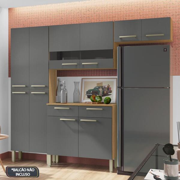 Armário De Cozinha Compacta 3 Peças 8 Portas Nala Freijó / Gr