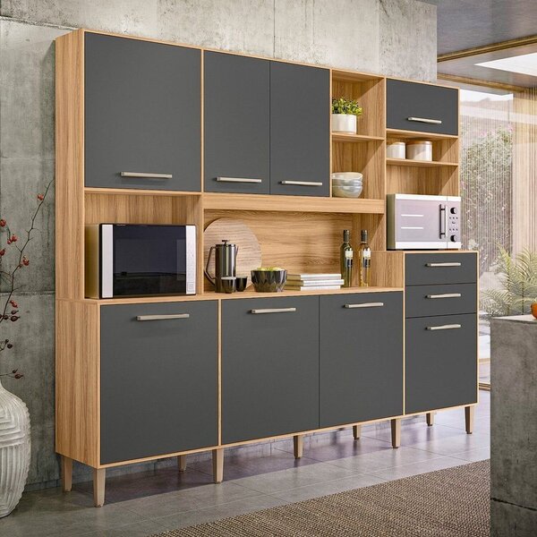 八雲 Armário De Cozinha Compacta 8 Portas 2 Gavetas Freijó E Chumbo