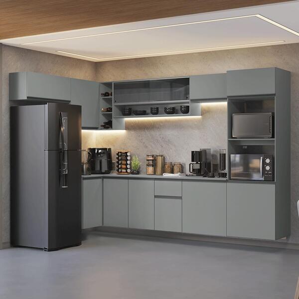 Armário De Cozinha Compacta De Canto Suspenso 465cm Cinza Nic