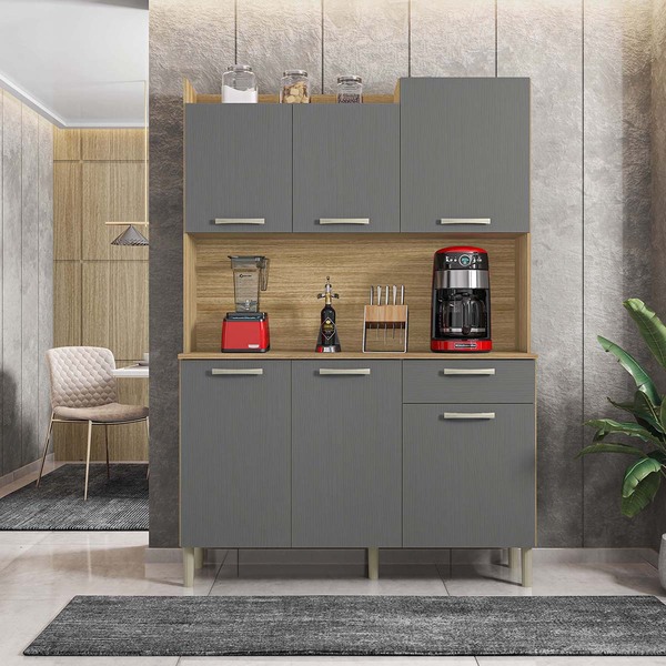 Armário De Cozinha Compacta Gênova Freijó Gris 6 Portas 1 Gav