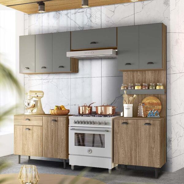 Armário De Cozinha Compacto 10 Portas Nature Carvalho Chumbo