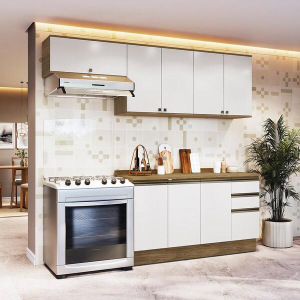 Armário De Cozinha Completa 100% Mdf 240cm Nogueira/branco Ce