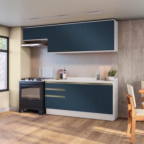 Armário De Cozinha Completa 100% Mdf 260cm Branco/azul Profun