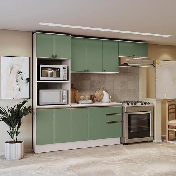 Armário De Cozinha Completa 100% Mdf 270cm Branco/verde Celes