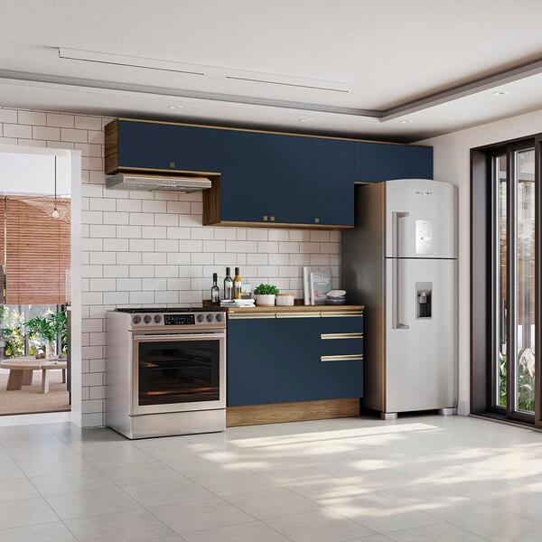 Armário De Cozinha Completa 100% Mdf 280cm Nogueira/azul Prof