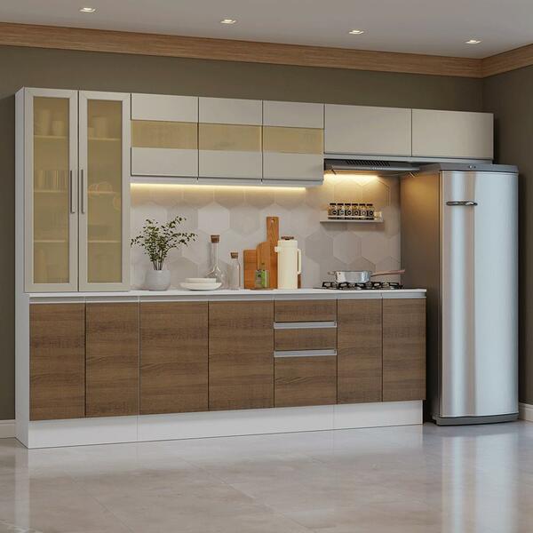 Armário De Cozinha Completa 100% Mdf 300 Cm Branco/rustic/cre