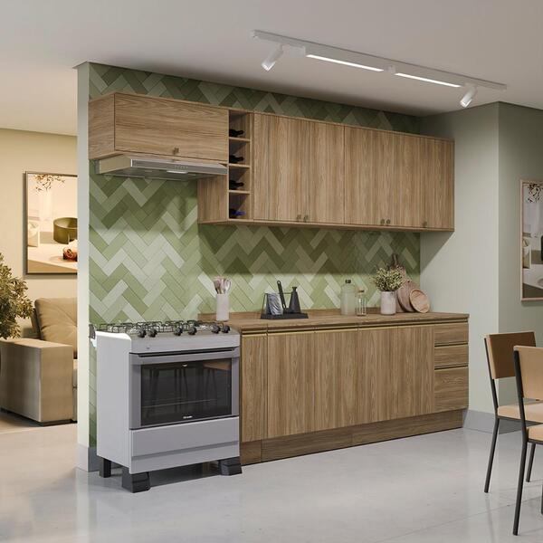 Armário De Cozinha Completa 100% Mdf 300cm Nogueira Celeste K