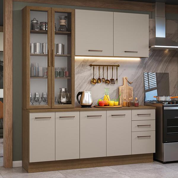 Armário De Cozinha Completa 190cm Com Cristaleira Rustic/crem