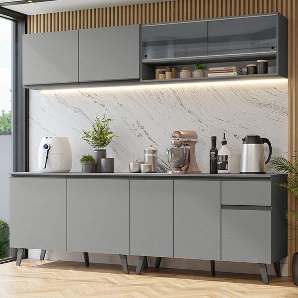 Armário De Cozinha Completa 240cm Cinza Nice Madesa 03