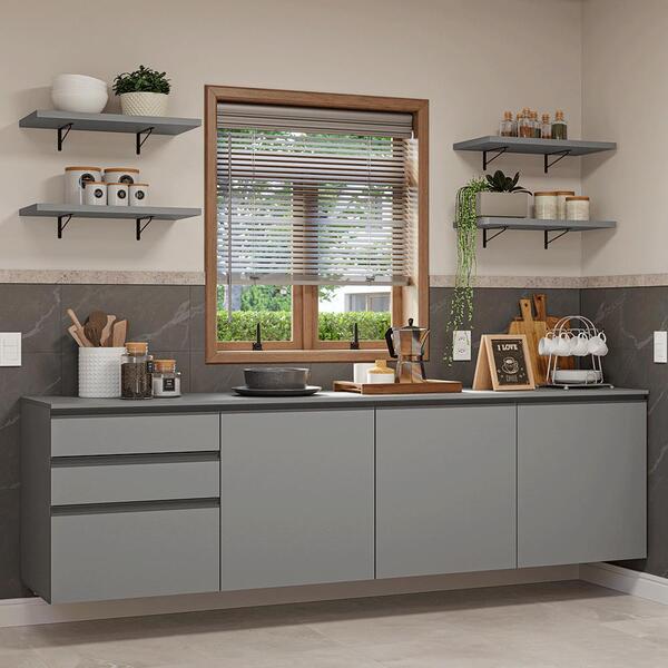 Armário De Cozinha Completa 240cm Suspensa Cinza Nice Madesa