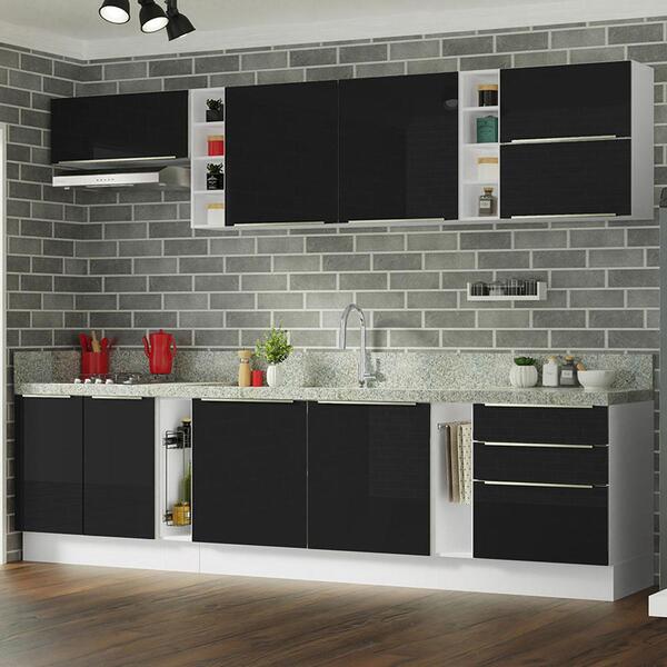 Armário De Cozinha Completa 300cm Branco/preto Lux Da Sabrina