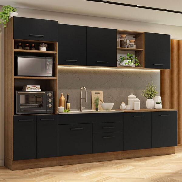 Armário De Cozinha Completa 310cm Rustic/preto Agata Madesa 02