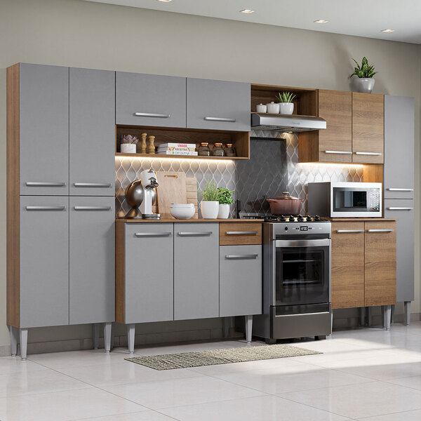 Armário De Cozinha Completa 325cm Rustic/cinza Emilly Joy Mad