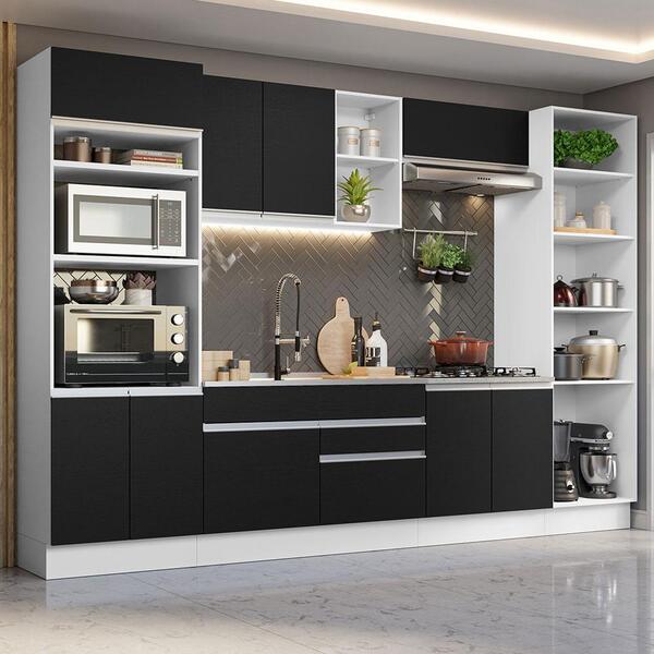 Armário De Cozinha Completa 330cm Branco/preto Glamy Madesa 03