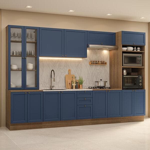 Armário De Cozinha Completa 340 Cm Rustic/azul Vik Madesa 01