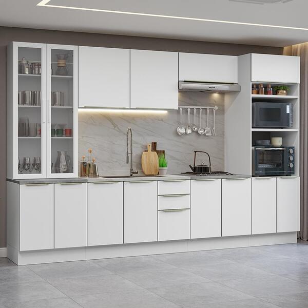 Armário De Cozinha Completa 340cm Branco/branco Veludo Lux Ma