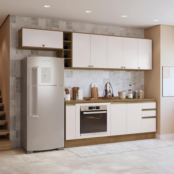 Armário De Cozinha Completa 3 Gavetas 100% Mdf 300cm Nogueira