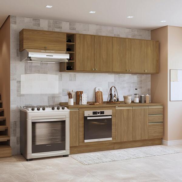 Armário De Cozinha Completa 3 Gavetas 100% Mdf 300cm Nogueira