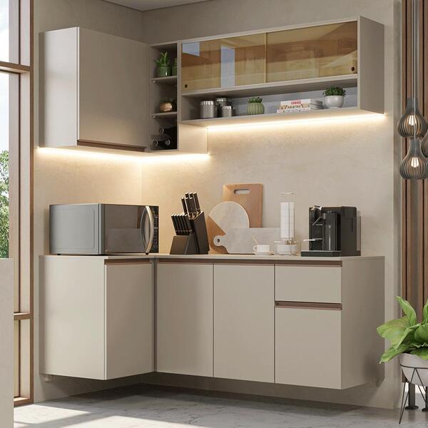 Armário De Cozinha Completa De Canto 265 Cm Suspenso Crema Ni