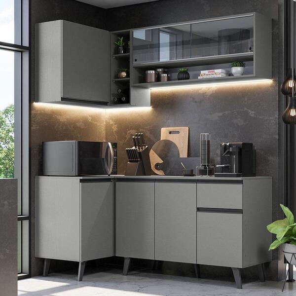 Armário De Cozinha Completa De Canto 265cm Cinza Nice Madesa