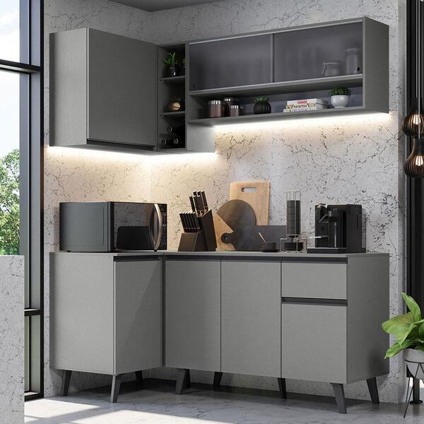 Armário De Cozinha Completa De Canto 265cm Cinza Nice Madesa