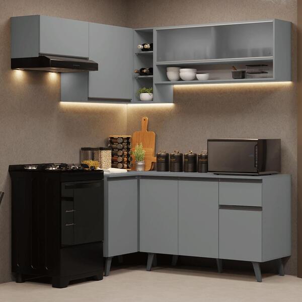Armário De Cozinha Completa De Canto 325cm Cinza Nice Madesa