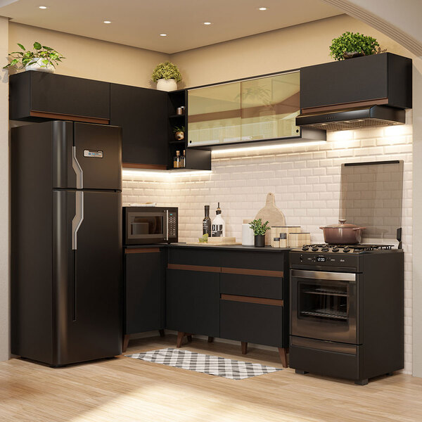 Armário De Cozinha Completa De Canto 402cm Preto Reims Madesa