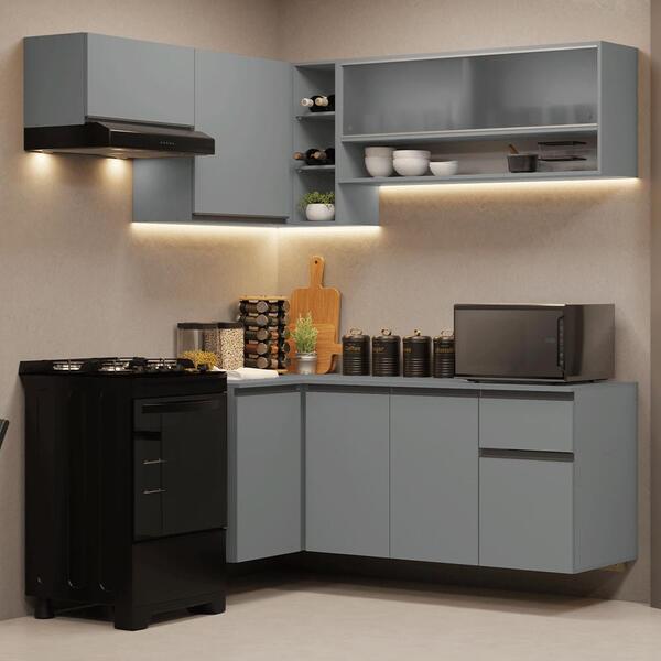 Armário De Cozinha Completa De Canto Suspenso 325cm Cinza Nic
