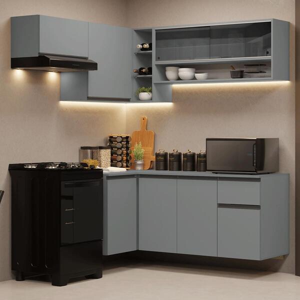 Armário De Cozinha Completa De Canto Suspenso 325cm Cinza Nic