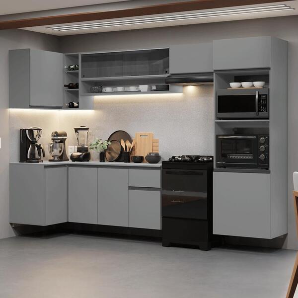 Armário De Cozinha Completa De Canto Suspenso 385cm Cinza Nic