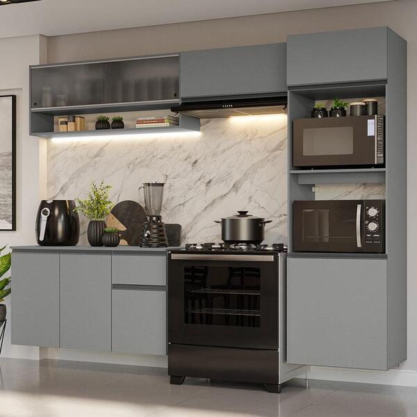 Armário De Cozinha Completa Suspenso 260cm Cinza Nice Madesa