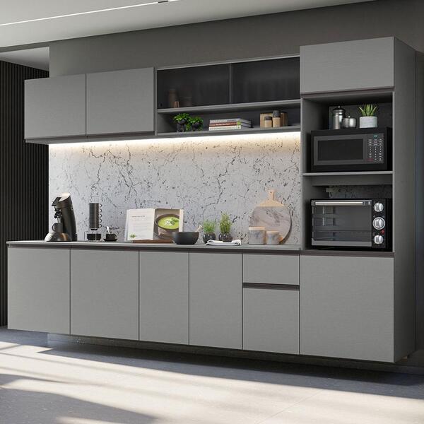 Armário De Cozinha Completa Suspenso 300cm Cinza Nice Madesa