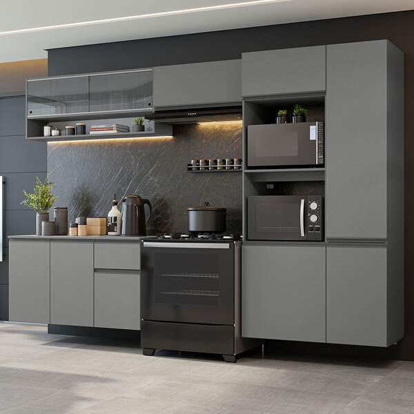 Armário De Cozinha Completa Suspenso 300cm Cinza Nice Madesa