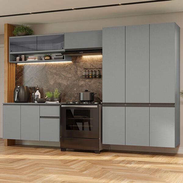 Armário De Cozinha Completa Suspenso 320cm Cinza Nice Madesa