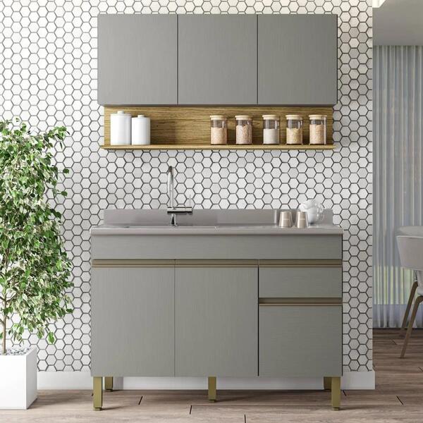 Armário De Cozinha E Balcão Com Pia 150cm Lina Z06 Gris/freij