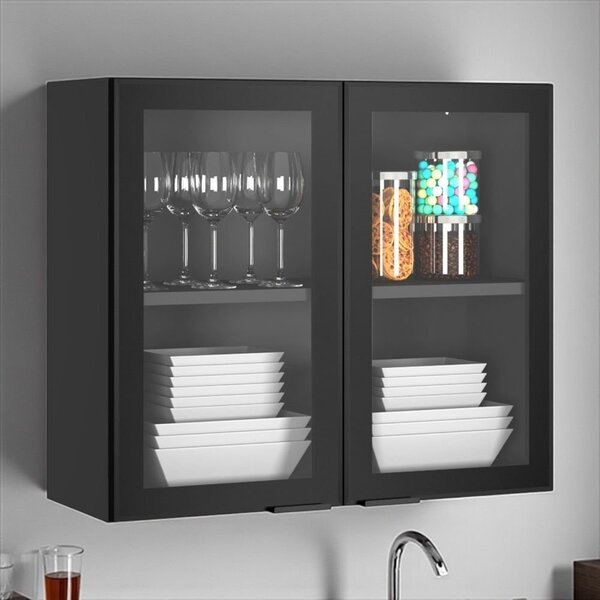 Armário De Cozinha Em Aço 2 Portas De Vidro 80cm Dobradiças S