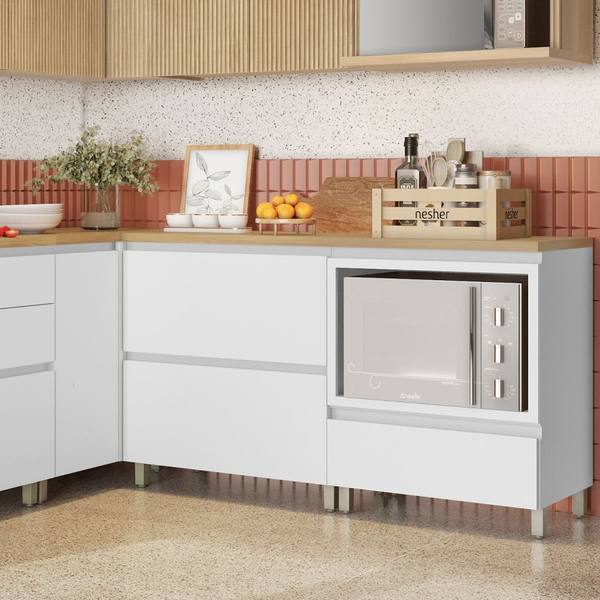 Armário de Cozinha Compacto 100% MDF Branco e Nature Balcão Armário Aéreo 4 Portas 5 Gavetas 190x228x52cm Rainha Nesher