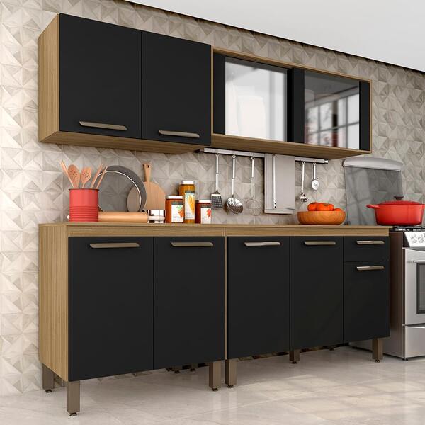 Armário De Cozinha Tieli 4 Peças Com Vidro Bor/pret - Móveis