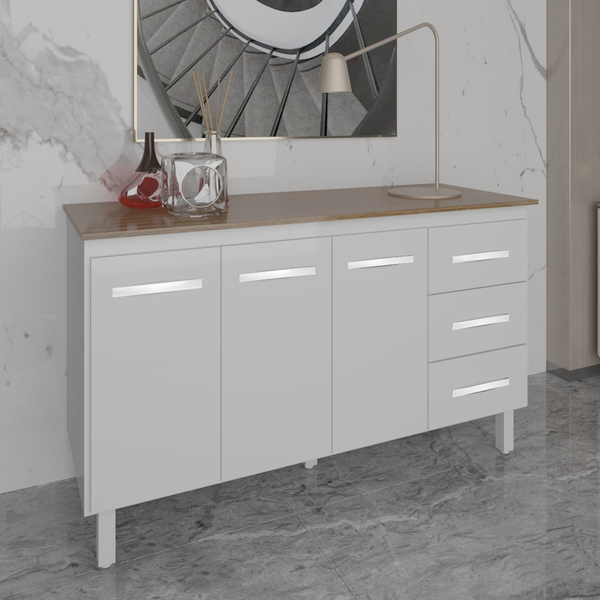 Armário Deise Cozinha Gabinete De Pia 150 Cm Branco E Tampo T