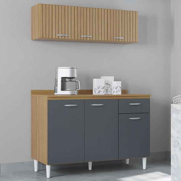 Armário E Balcão Com Tampo 120cm Classic Ripado Damasco Cinza