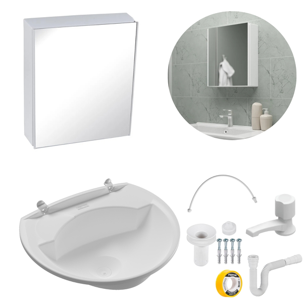 Armário Espelheira + Pia Lavatório 4l + Torneira Reforçada +