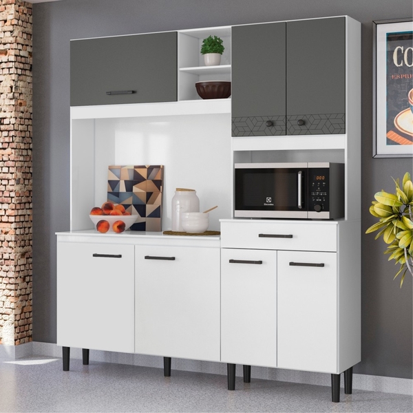 Armário Kit Cozinha Harlequim 7 Portas Branco Cetim Chumbo