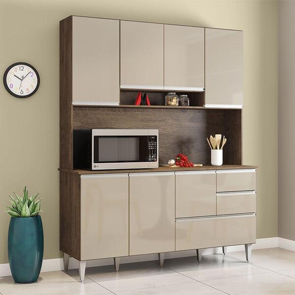Armario Kit Para Cozinha Esmeralda 7 Portas 3 Gavetas Castanh