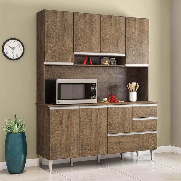 Armario Kit Para Cozinha Esmeralda 7 Portas 3 Gavetas Castanho